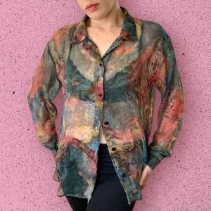 Vintage 1990s Anxiety Sheer Abstract Autumn Leaf Print Long Sleeve Blouse